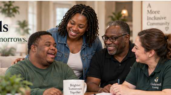 Illustrative photo of four adults sharing a caring conversation around a table