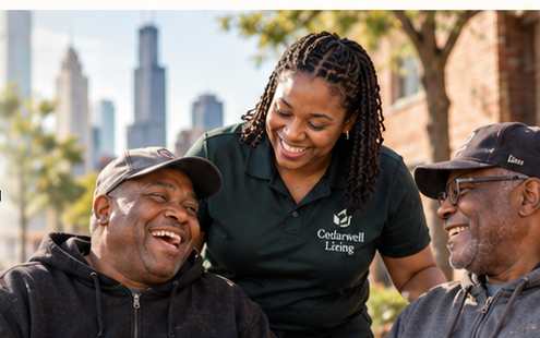 Illustrative photo of three smiling adults together outdoors with Chicago in the background